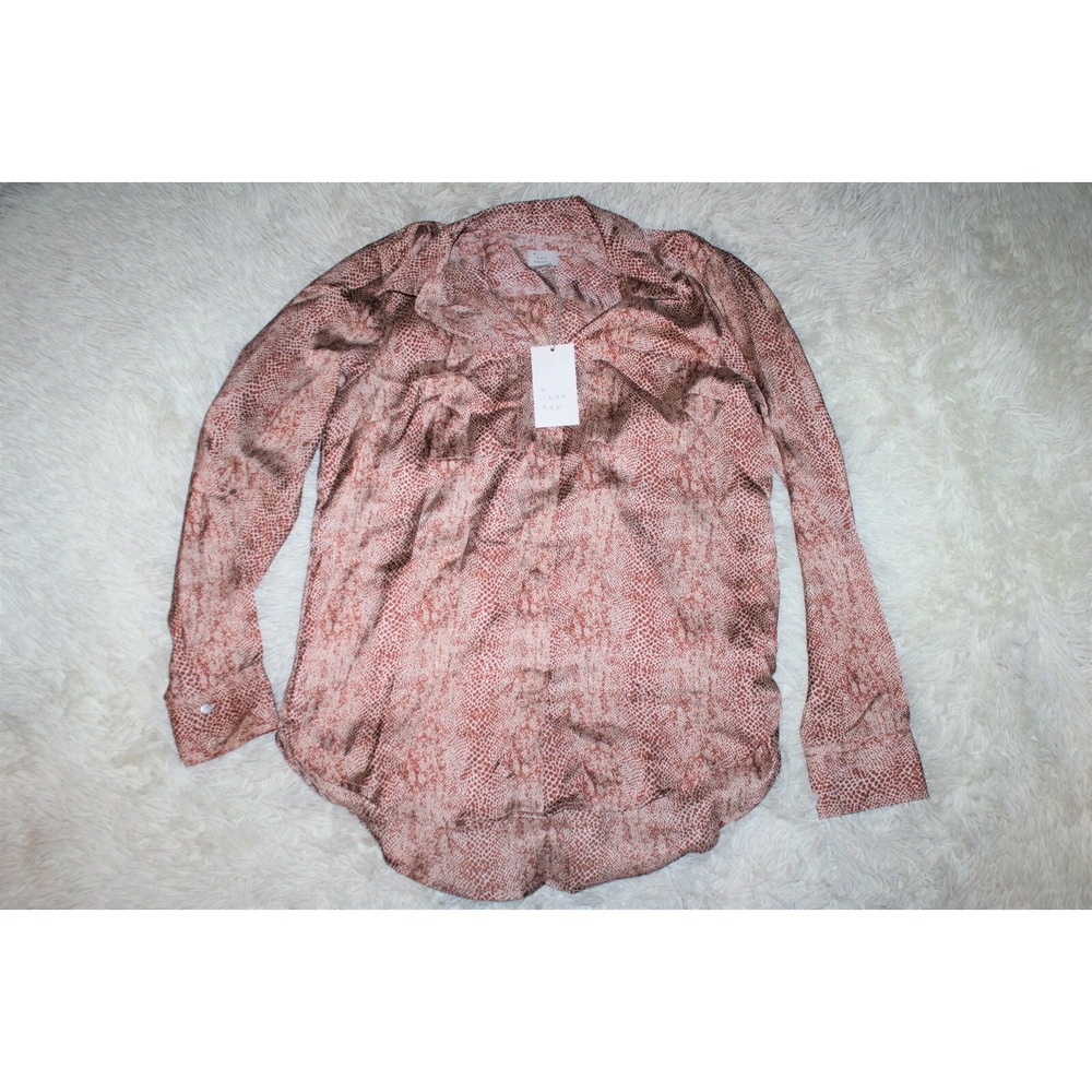 A NEW DAY Blouse XS Tan Snake Animal Print Satin Long Sleeve Button Shirt New